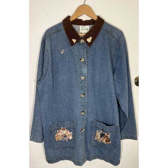 Quacker Factory Tops - Quacker Factory Cat Denim Shirt Size 1X Corduroy Collar Embroidered Rhinestones